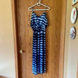 Blue Tie Dye Maxi Dress Boho Shibori Print Beach Summer Cover Up S/M
